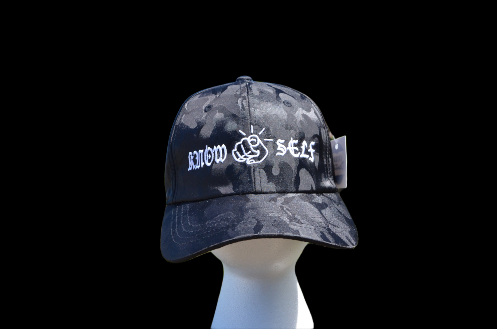 Black Satin "Know Self" Camo Hat